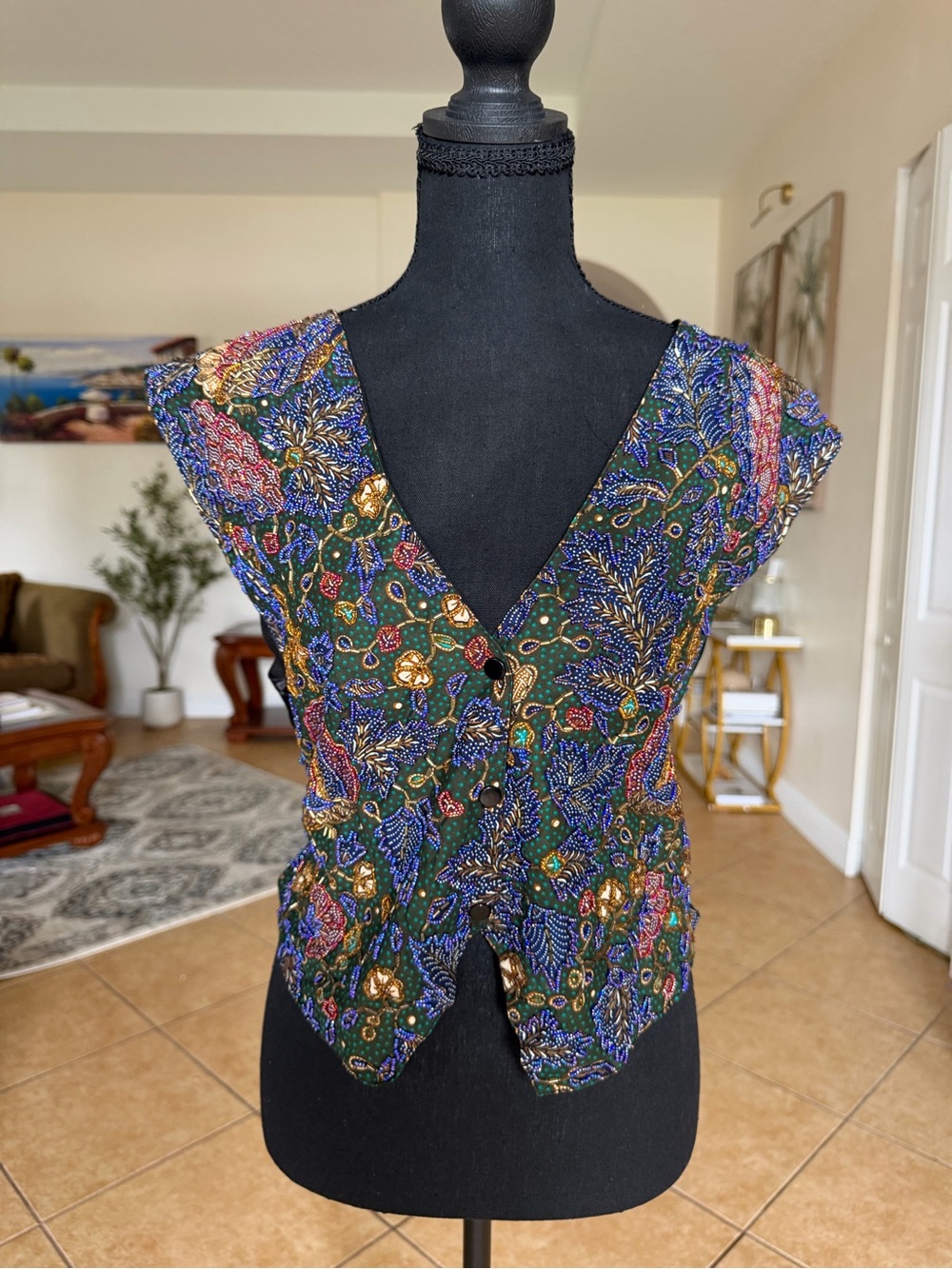 Vintage 70s Tan Chho Floral beaded Button Front Women's Vest